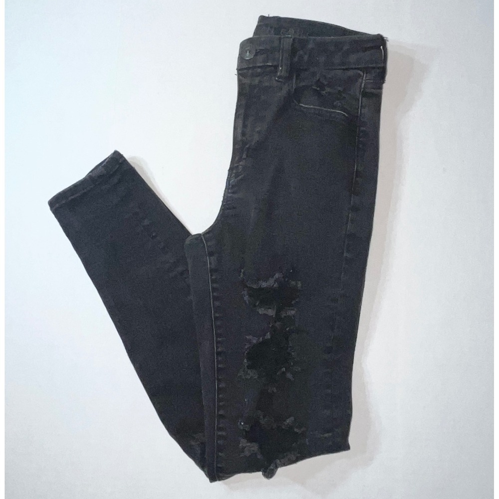 American Eagle Jeans Size 6 Curvy Hi-Rise Jegging Black Distressed Ripped Rocker